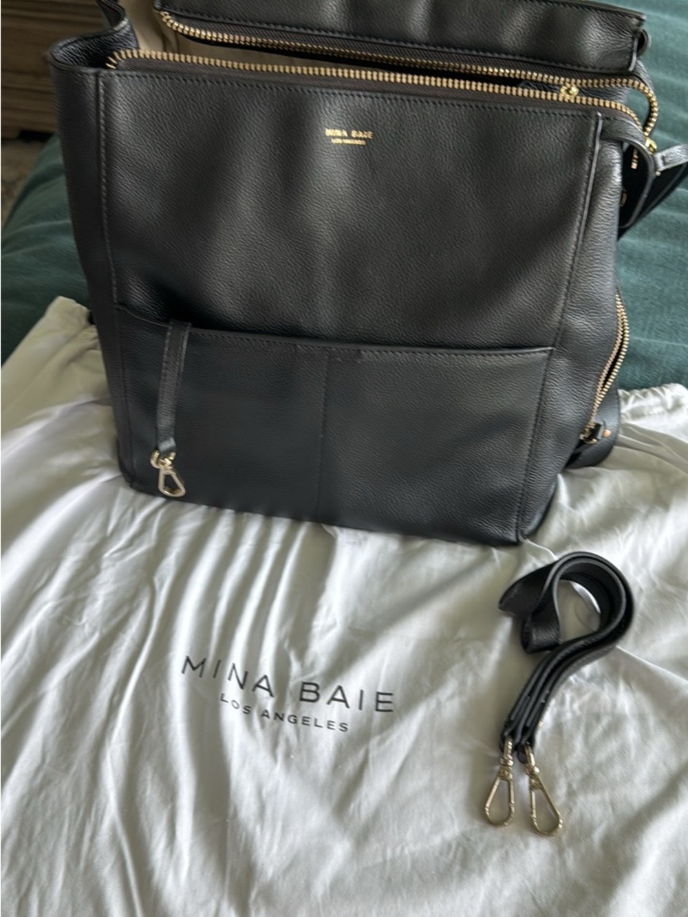 ✨ MINA BAIE Genuine Leather Diaper Bag Backpack – Black/Gold ✨